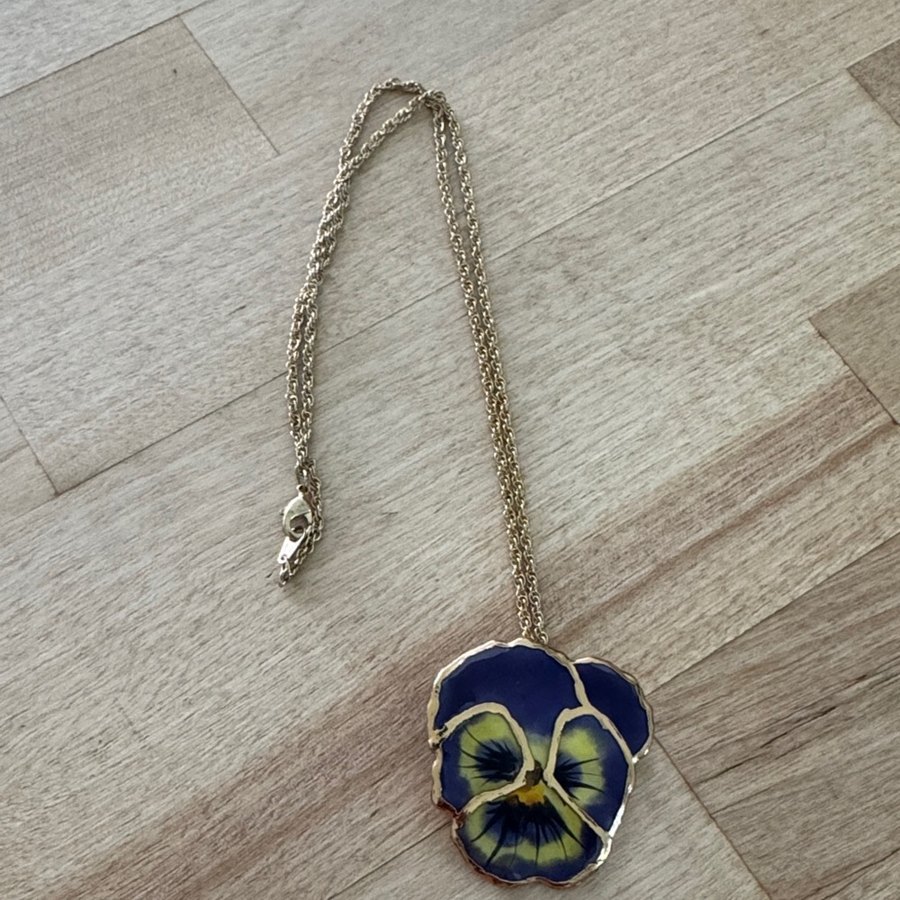 Pansy Yellow and Blue flower with gold tone  Pendant Necklace